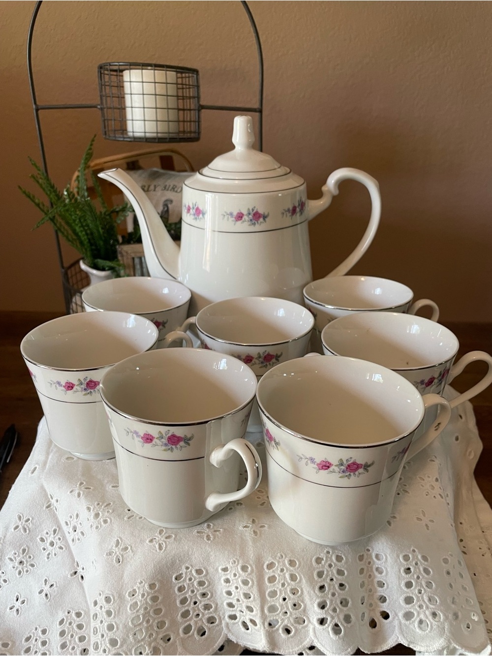 White Porcelain Tea Set with Pink Rose Banding